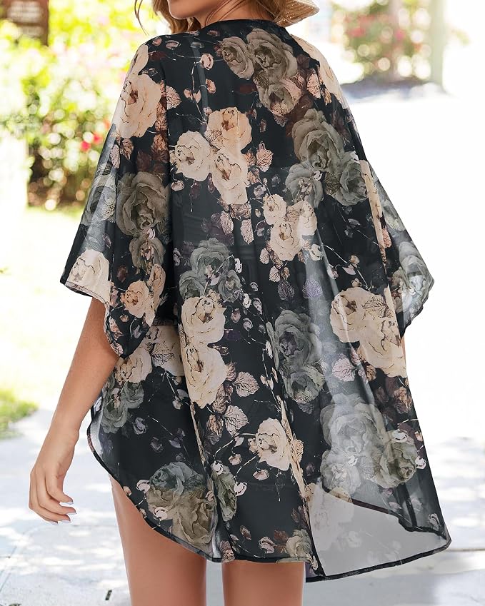Women's Floral Print Puff Sleeve Kimono Cardigan Loose Cover Up Casual Blouse - Image 6