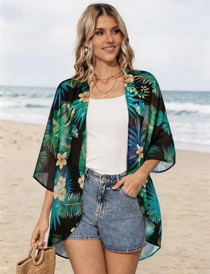 Women's Floral Print Puff Sleeve Kimono Cardigan Loose Cover Up Casual Blouse - Image 5