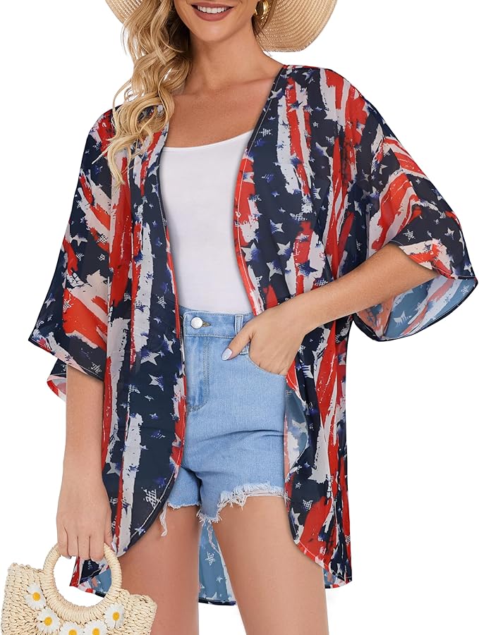 Women's Floral Print Puff Sleeve Kimono Cardigan Loose Cover Up Casual Blouse - Image 2