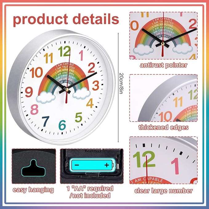 Gerrii Rainbow Wall Clock 8 Inch Learning Teaching Time Colorful Clock Silent - Image 3