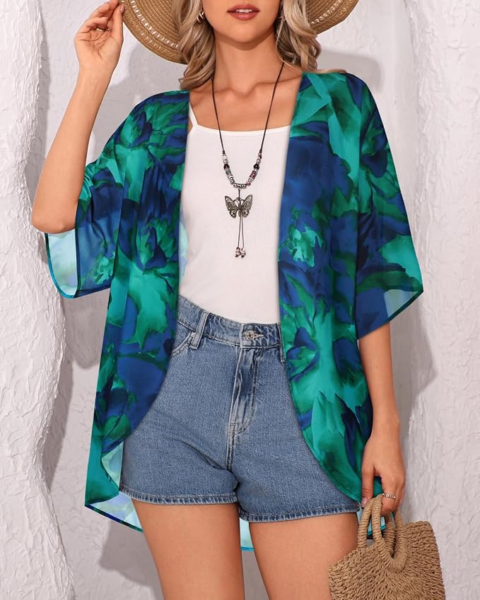 Women's Floral Print Puff Sleeve Kimono Cardigan Loose Cover Up Casual Blouse - Image 4