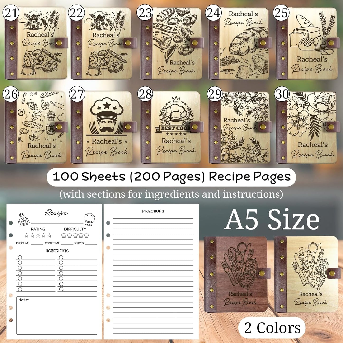 UBJVA Personalized Recipe Book Binder Custom Engraved Recipe Book to Write in Your Own Recipes Wooden Family Cookbook Journal Gift for Christmas Birthday