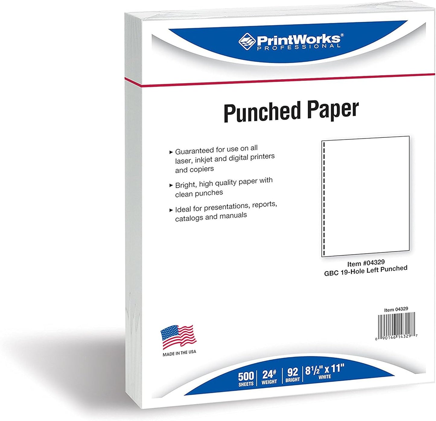 PrintWorks Professional GBC 19 Hole Comb Binding Pre-Punched Paper - Book Binding Printer Paper - Made in the USA - 500 Sheets - 8.5" x 11" - 24 lb - 92 Bright White (04329)