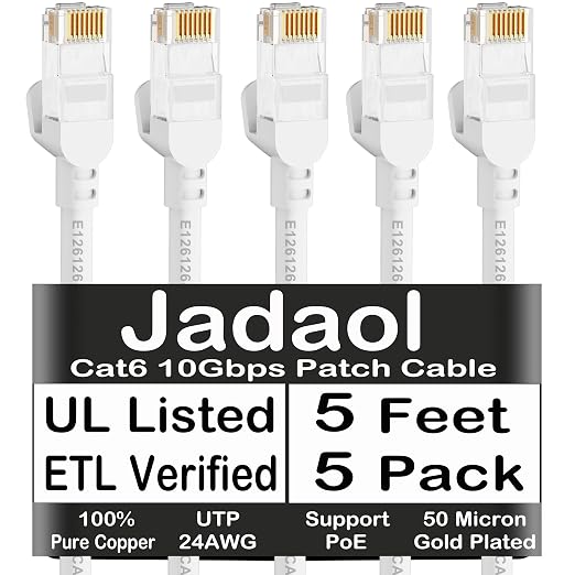 Jadaol Cat6 Ethernet Patch Cables 5ft 5-Pack, 10Gbps 24AWG Pure Copper RJ45 by Jadaol