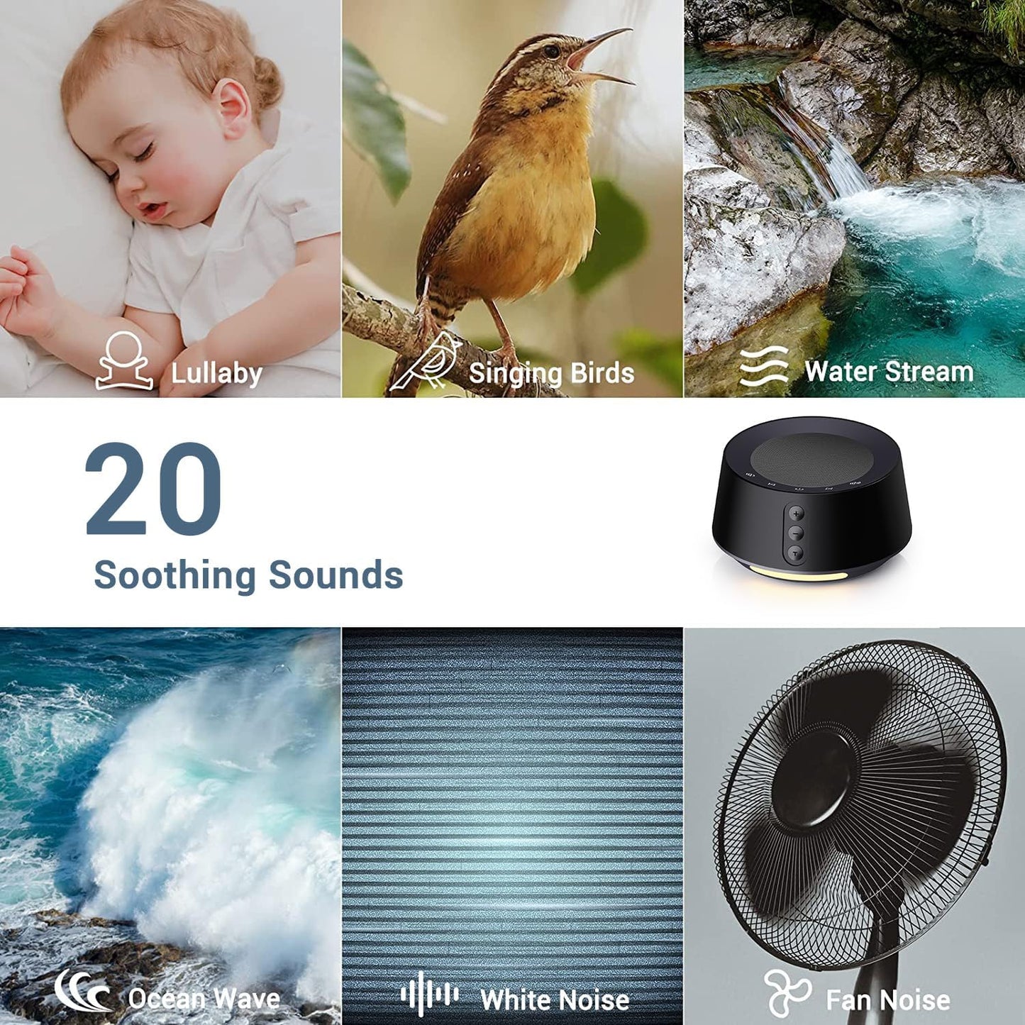 BGOVERSS White Noise Sound Machine with 20 Soothing Sounds, 10 Colors Night Light Sleep Machines Home Office Travel, 5 Timers and Memory Feature Sound Machine for Nursery Baby Kids Adults (Black)