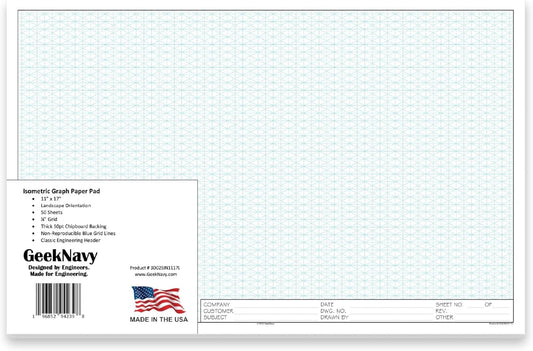11" x 17" Isometric Graph Paper 50 Sheets Landscape - 0.25" Grid, Non-photo Blue, High Brightness, Drafting, Engineering, Art, 3D Design (1-Pack)