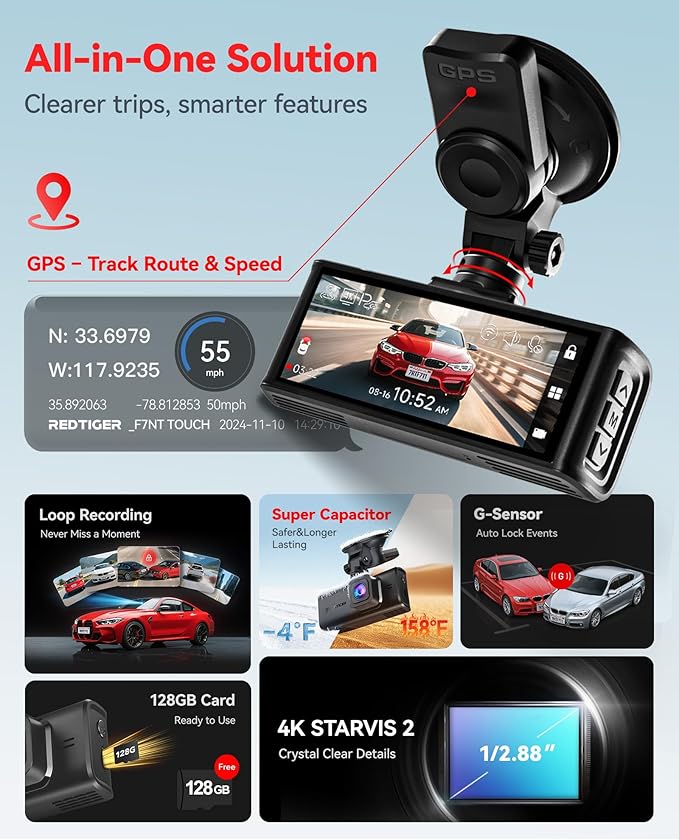 REDTIGER 4K STARVIS 2 Dash Cam Front and Rear, 5GHz WiFi 20MB/s Download - Image 3