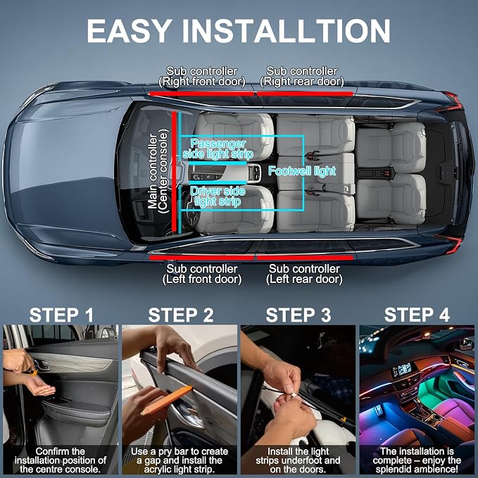 Dreamcolor Acrylic Interior Car LED Strip Lights, 10 in 1 Ambient Lighting Kit - Image 5