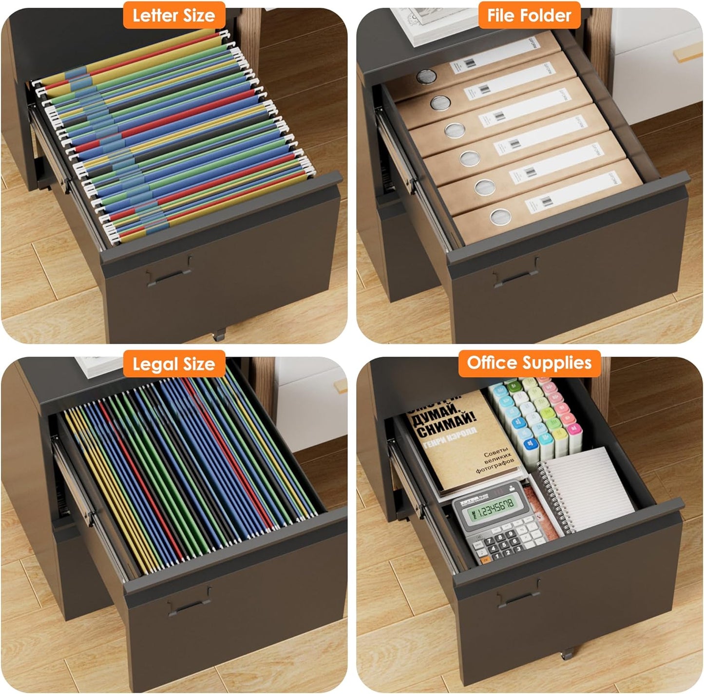 2 Drawers Mobile File Cabinet, Metal Under Desk Cabinet with Lock, for Office & Home, Legal/Letter Size, W14.57”x D17.36”x H25.79”, Assembly Required