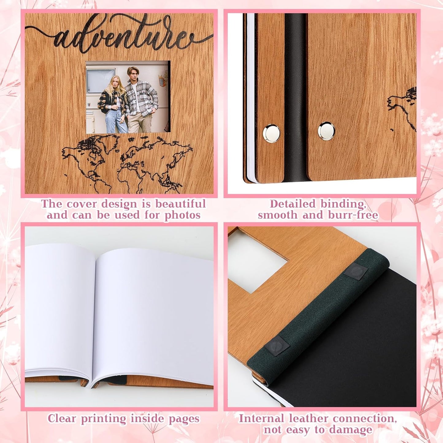 Adventure Wooden Guest Book with Pen 8 x 6 Inches 120 Pages Memory Scrapbook Rustic Signature Party Sign in Xmas Gift for Couple Guests Book