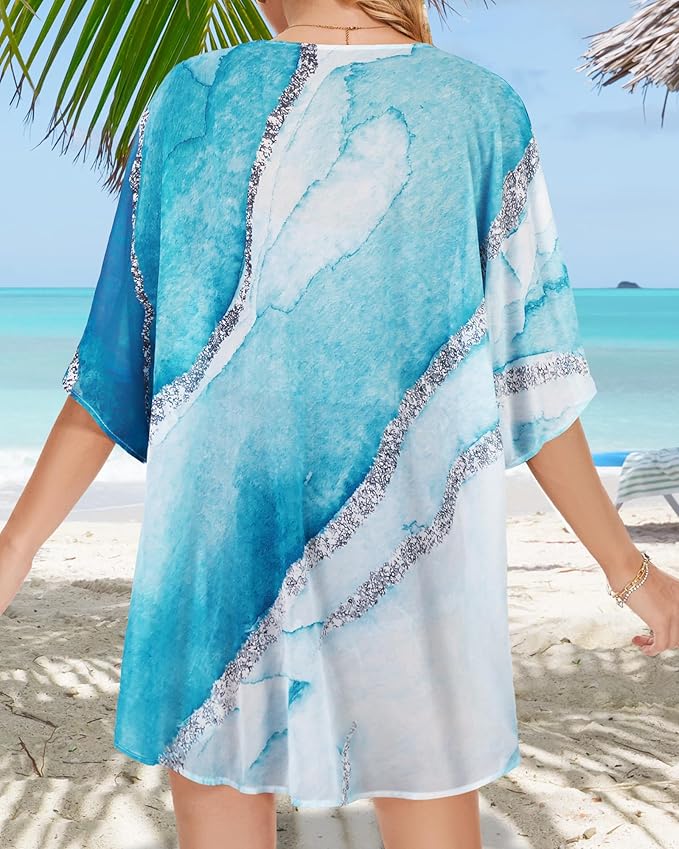 Women's Floral Print Puff Sleeve Kimono Cardigan Loose Cover Up Casual Blouse - Image 5