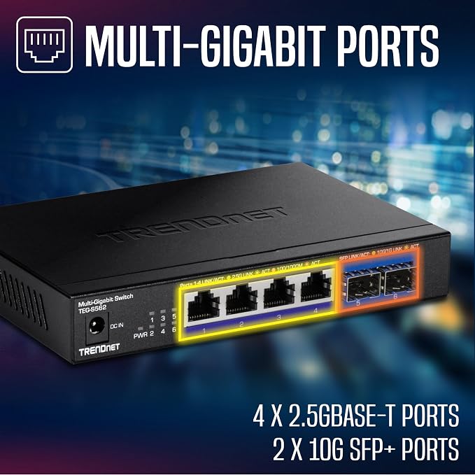 TRENDnet 6-Port Unmanaged Multi-Gig Switch, 4 x 2.5GBASE-T Ports, 2 x 10G SFP+ - Image 6