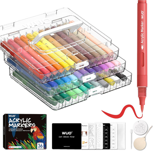WUO 36 Colors Acrylic Paint Markers (2 Metallic), Automatic Ink Control Brush Tip for Multi-Surface Acrylic Paint Pens for Rock Painting, Wood, Canvas, Glass, DIY Art