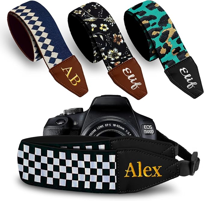 Art Tribute Custom Black White Checkers Camera Strap by ArtTribute