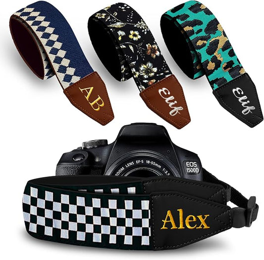Art Tribute Custom Black White Checkers Camera Strap by ArtTribute