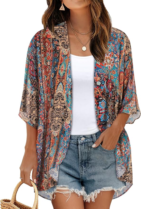 Women's Floral Print Puff Sleeve Kimono Cardigan Loose Cover Up Casual Blouse by CHICGAL