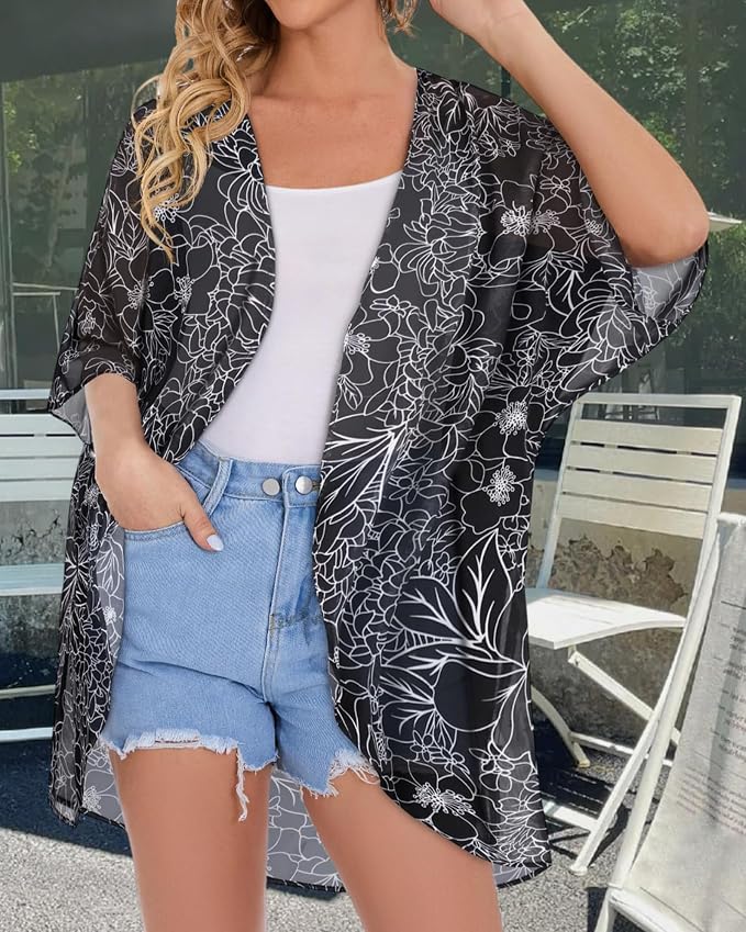 Women's Floral Print Puff Sleeve Kimono Cardigan Loose Cover Up Casual Blouse - Image 3