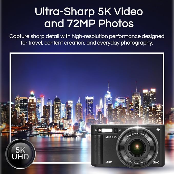 Minolta 72MP Digital Camera, 5K Ultra HD Video, 24-75mm Optical Zoom Lens - Image 2