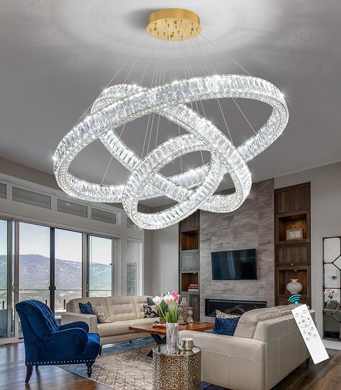 HAIXIANG Large Glam Chandelier Crystal LED 3 Rings Chandeliers Adjustable - Image 3