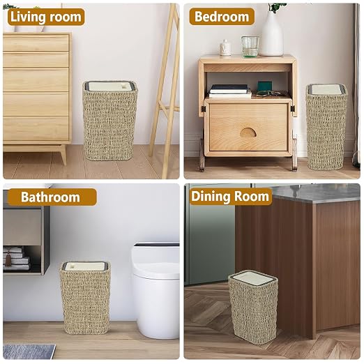 Trongee Boho Trash Can with Lid, 3 Gallon Small Rattan Trash Can with Press Top - Image 7