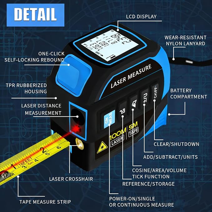4-in-1 Laser Tape Measure 328FT, Digital Laser Distance Meter, 16FT Steel Tape - Image 2