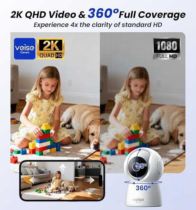 Veise 2K Indoor Camera for Home Security, 360° Wireless WiFi Pet & Baby Monitor - Image 2