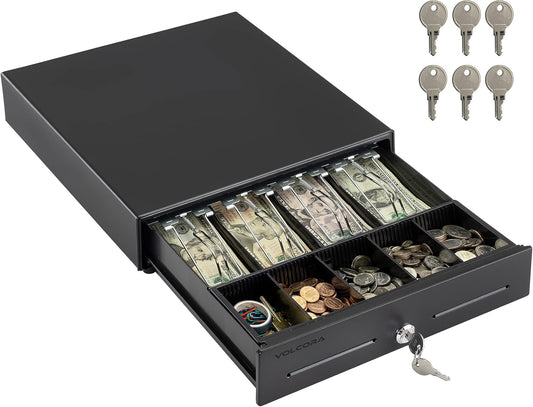 Volcora 13" Electronic Cash Register Drawer for Point of Sale (POS) System with 4 Bill 5 Coin Cash Tray, Removable Coin Compartment, 24V, RJ11/RJ12 Key-Lock, Media Slot, Black - for Small Businesses