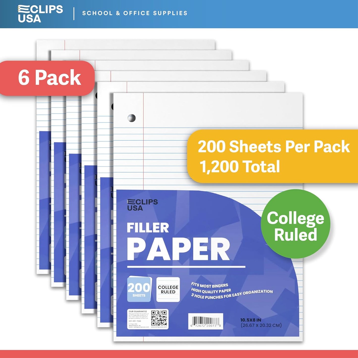 Notebook Paper, College Ruled Loose Leaf Paper (6 Pack), Filler Paper, 10.5” x 8”, Filler Paper, 200 Sheets Per Pack, 60 gsm (6 Pack)