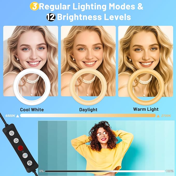 12'' Ring Light with Stand 75'' Tall & Phone Holder, 100+ Color Modes Selfie - Image 4