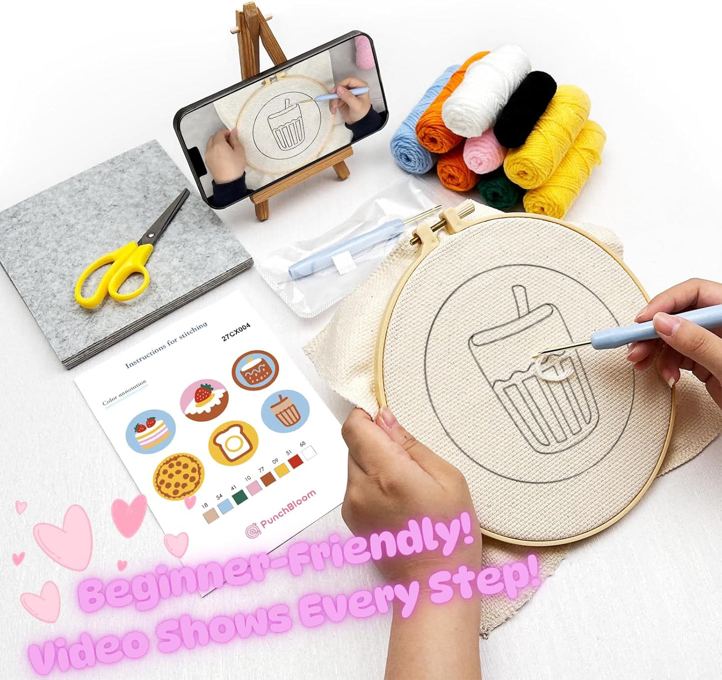 Punch Needle Kit for Adults Beginners, 6-Piece Cute Desserts Punch Coaster Starter Kit – Easy Embroidery Stitch Craft Set with Instructions – Fun Needle Point Tufting for Table Decor & Festival Gifts