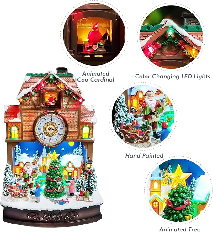 MOMENTS IN TIME Christmas Village Cuckoo Clock Animated Santa & Tree Scene - Image 3