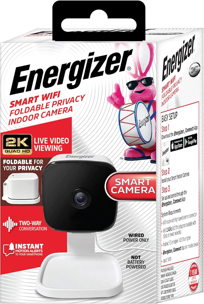 Energizer Smart 2K QHD Security Camera, Wired Indoor 2.4Ghz Wi-Fi Camera by Energizer