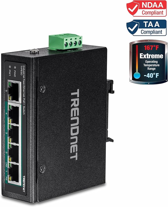 TRENDnet 5-Port Industrial Unmanaged Fast Ethernet PoE+ DIN-Rail Switch - Image 2