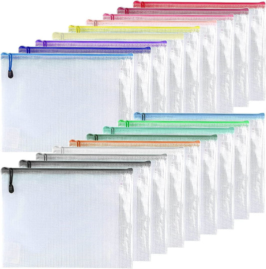 Oaimyy-18PCS-12 x 16 Inches-Mesh Zipper Pouch, Plastic Zip File Folders Puzzle Bags for Organizing,for Office Supplies,Travel,Home Storage-Multicolor, 12"x 16"