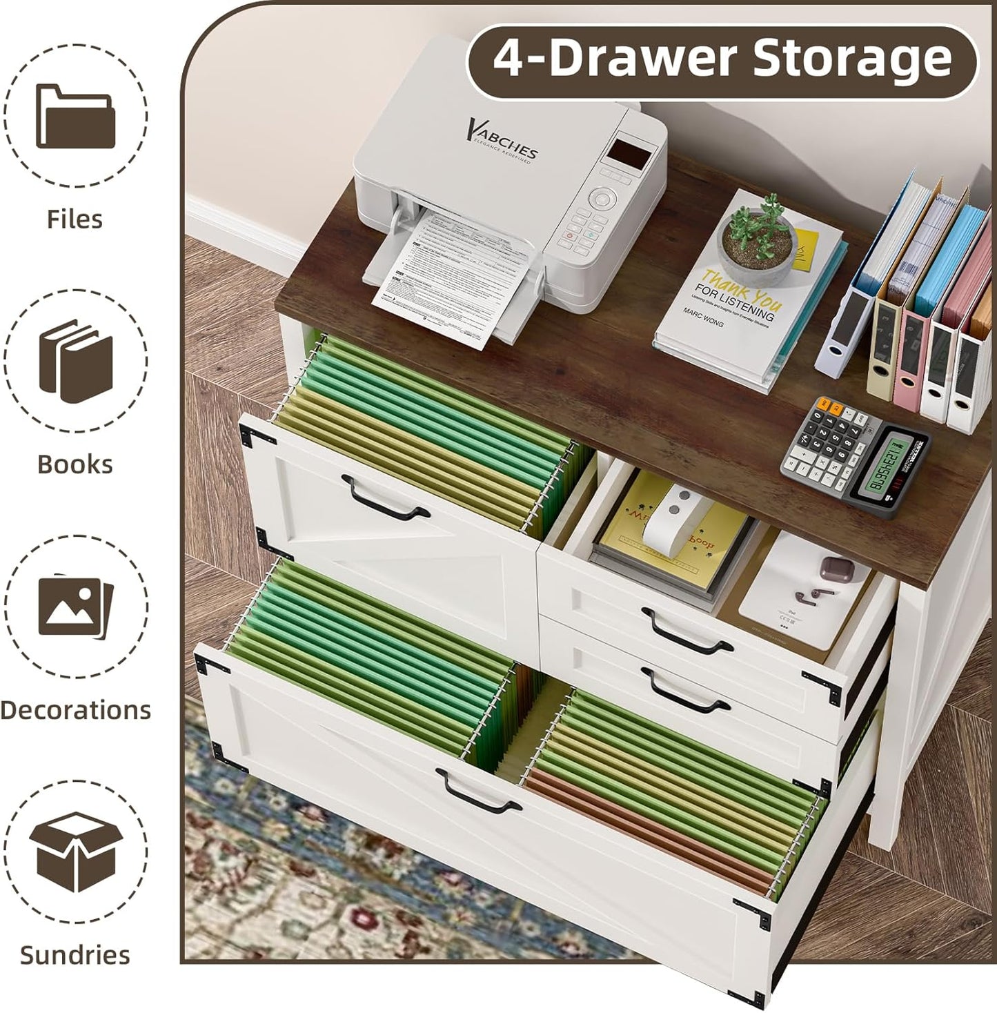 Wood Lateral File Cabinet with 4-Drawer for Hanging Files Letter/A4/Legal Size, Large Farmhouse Filing Cabinets for Home Office, Printer Stand with Office Cabinet, Office Furniture, White and Brown