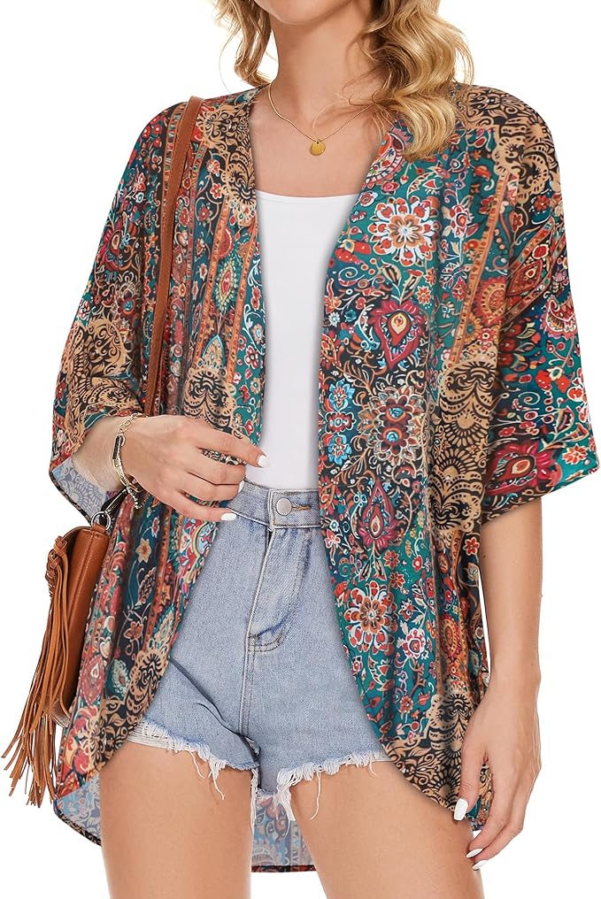 Women's Floral Print Puff Sleeve Kimono Cardigan Loose Cover Up Casual Blouse - Image 3