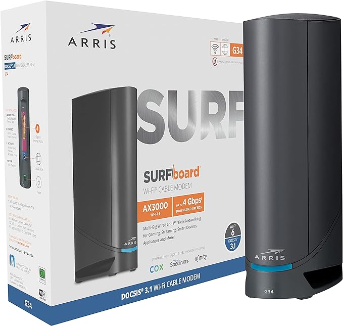 ARRIS Surfboard G34 DOCSIS 3.1 Gigabit Cable Modem & AX3000 Wi-Fi 6 Router by Amazon+Renewed