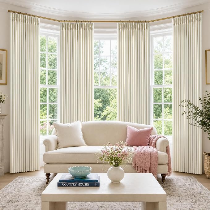 Cream Beige Pinch Pleated Linen Curtains 84 Inch 4 Panels Set by Twodrapes