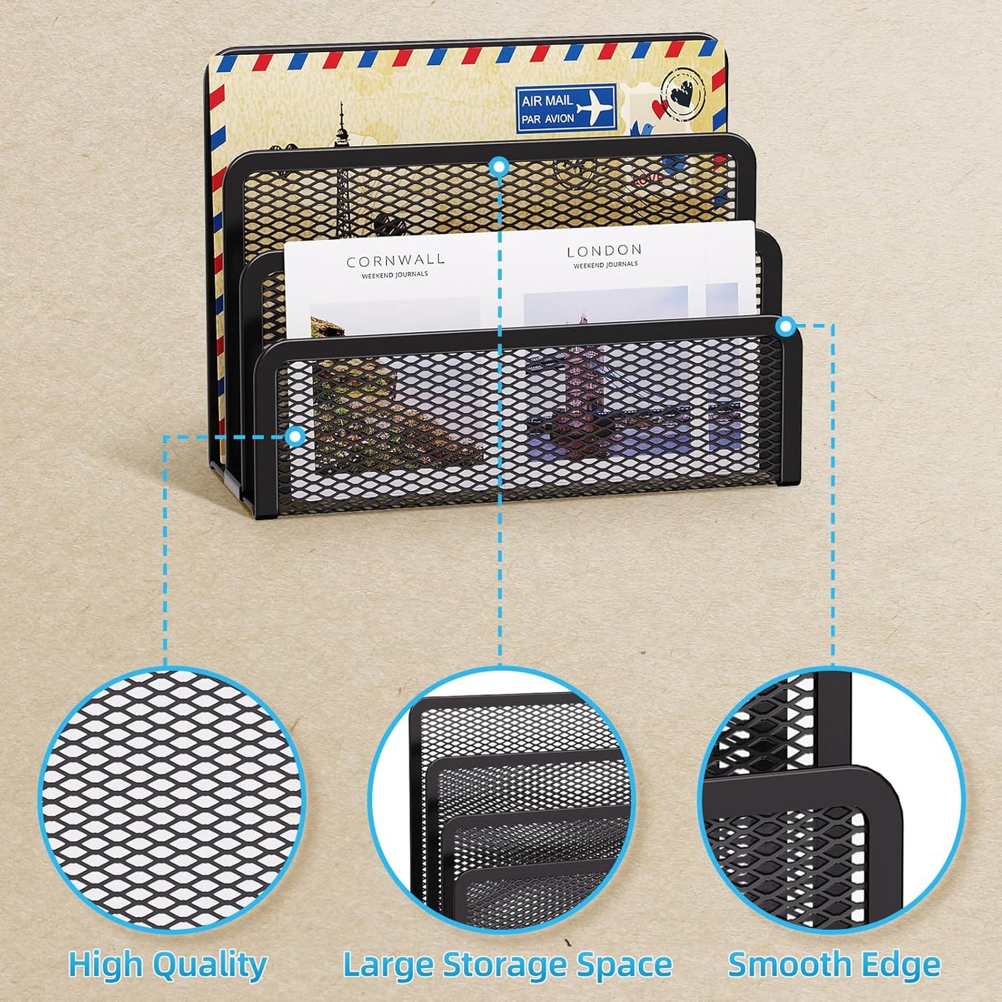 Marbrasse Mail Organizer for Desk, 3-Slot Mesh Metal Mail Holder countertop, Letter Holder, Office Desktop Envelope and Document Storage Rack (Black)