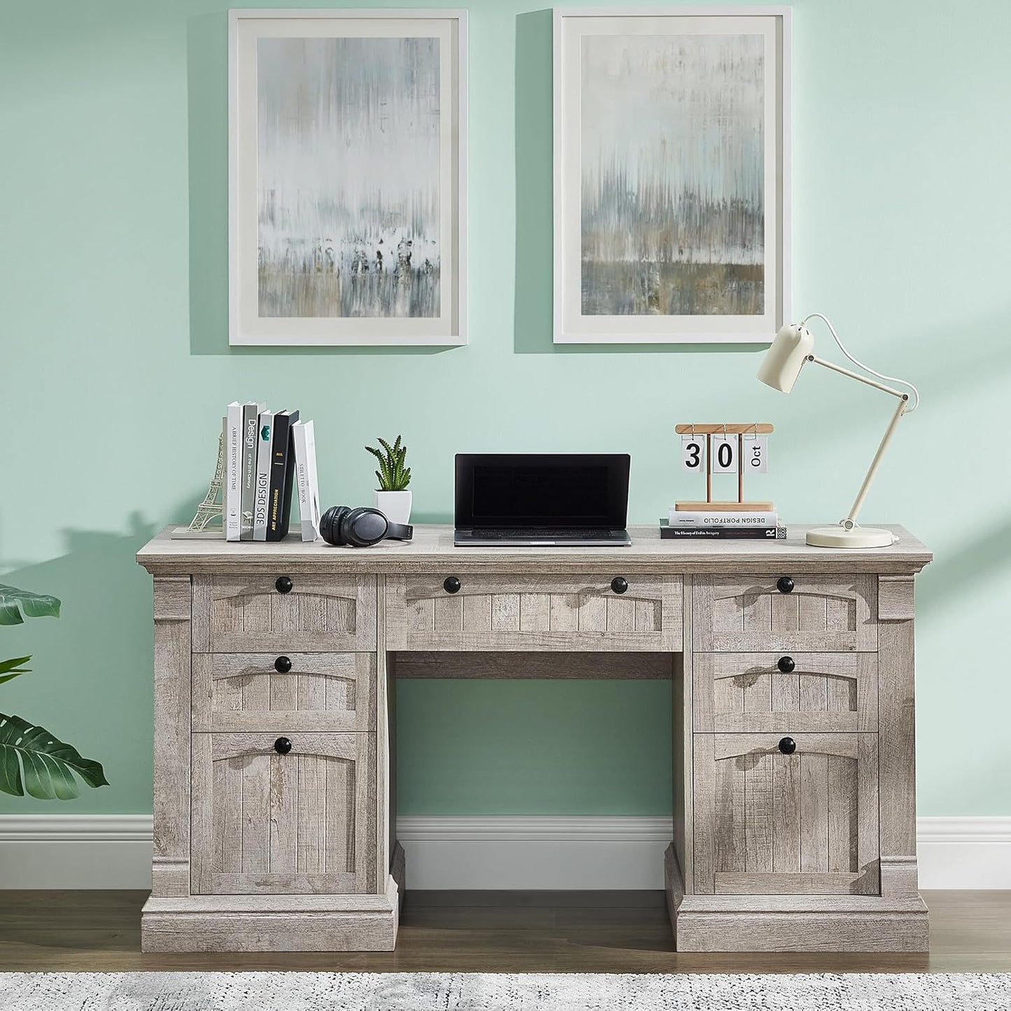 OKD 60" Executive Desk with Drawers, Farmhouse Home Office Desk with Charging Station, Keyboard Tray, File Cabinet Storage, Wood Computer Desk for Work and Study, Light Rustic Oak