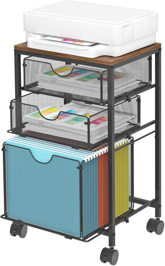 Rolling File Cart with 3 Storage Drawers, Wood & Mesh Hanging File Folder Organizer with Wheels Under Desk, File Cabinets for Home Office, 11.81" D x 14.8" W x 25.39" H, Black