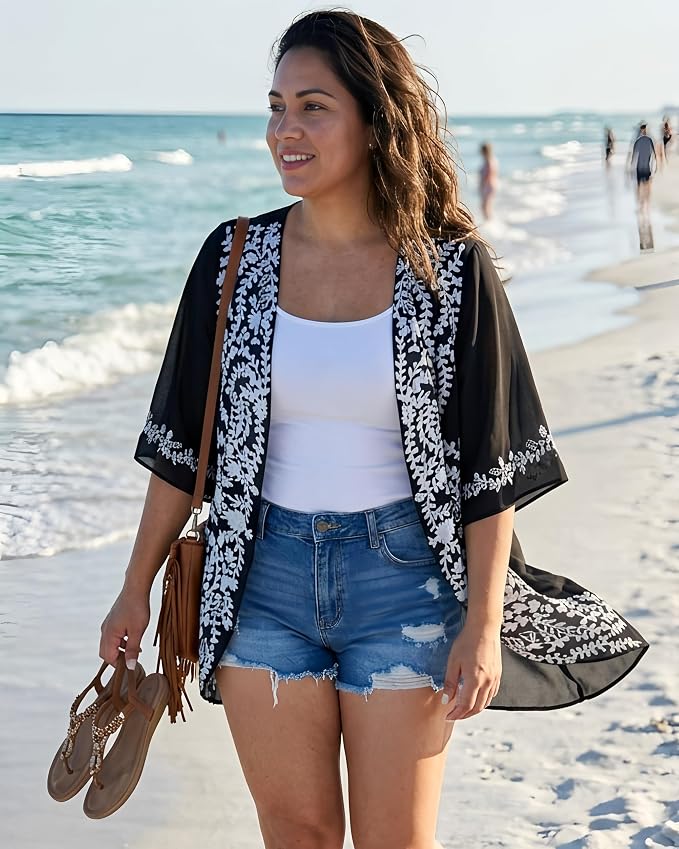 Women's Floral Print Puff Sleeve Kimono Cardigan Loose Cover Up Casual Blouse - Image 5
