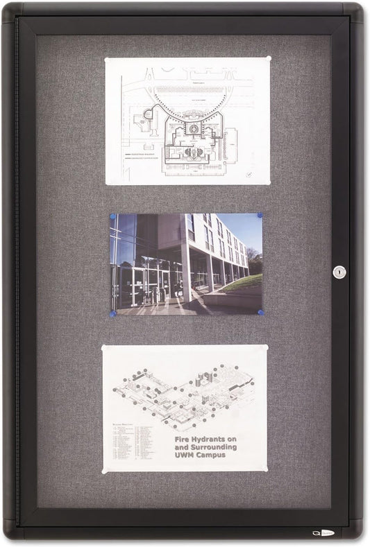 Quartet Enclosed Fabric Bulletin Board, 2 x 3 Feet, 1 Door, Black Frame with Gray Fabric (2363L)
