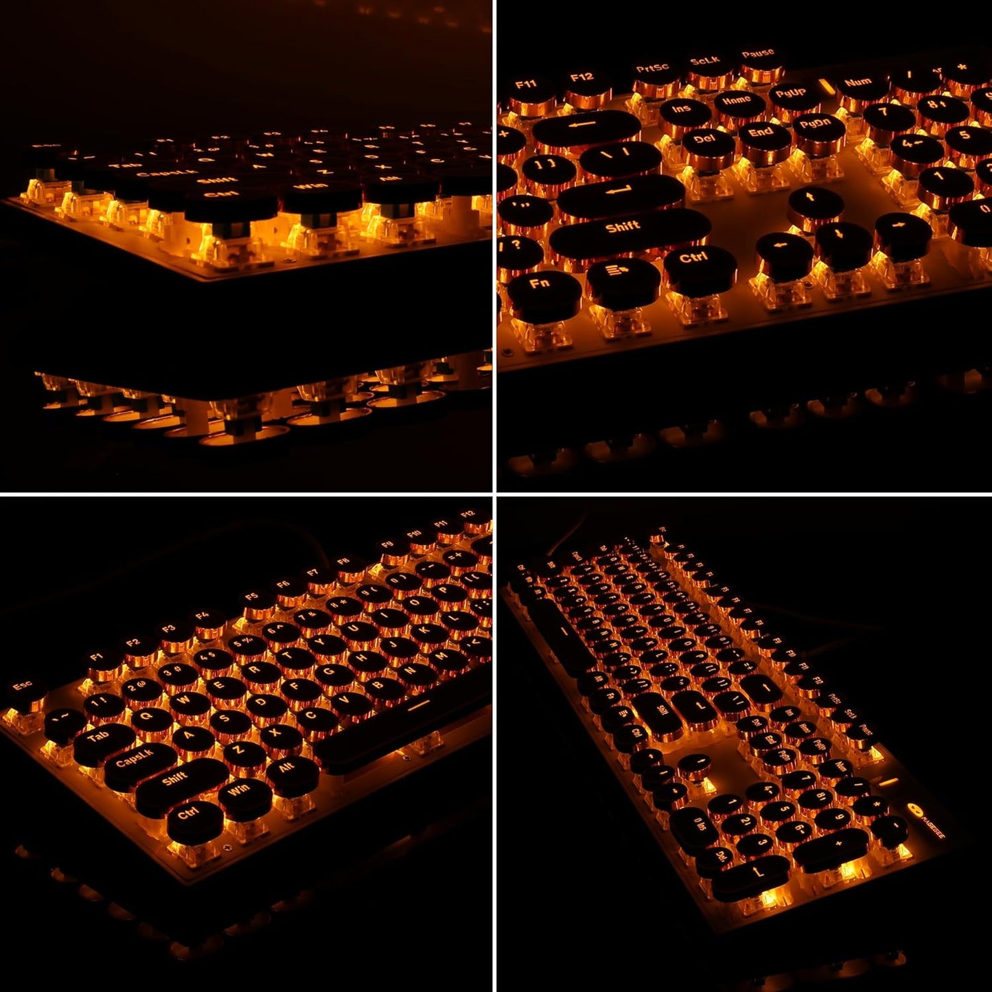 Typewriter Style Mechanical Keyboard, Retro Punk Gaming Keyboard with Gold LED Backlit, Cute Wired Keyboards,104 Keys Full Size Keyboards, Uique Round Keycaps for Windows/Mac/PC(White&Gold)