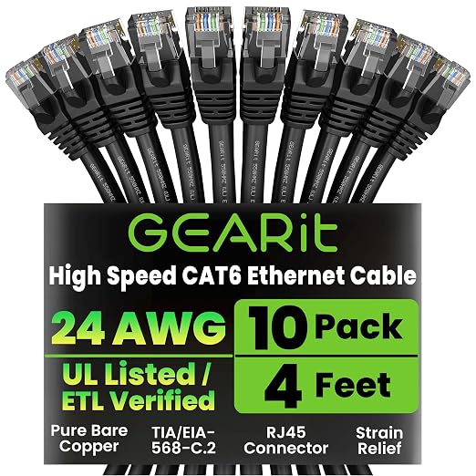GEARit Cat 6 Ethernet Patch Cable 4 ft Black Cat6 Patch Cables 4ft by GEARit