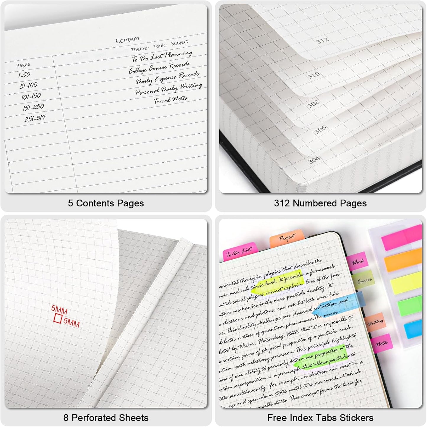 Graph Paper Notebook, 312 Numbered Pages Large A4 Hardcover Leather Journal, 100gsm No Bleed Grid Paper Notebook with Index Pages, Squared Grid Notebook for Graphing Notes Math, 8.5'' × 11'', Grey