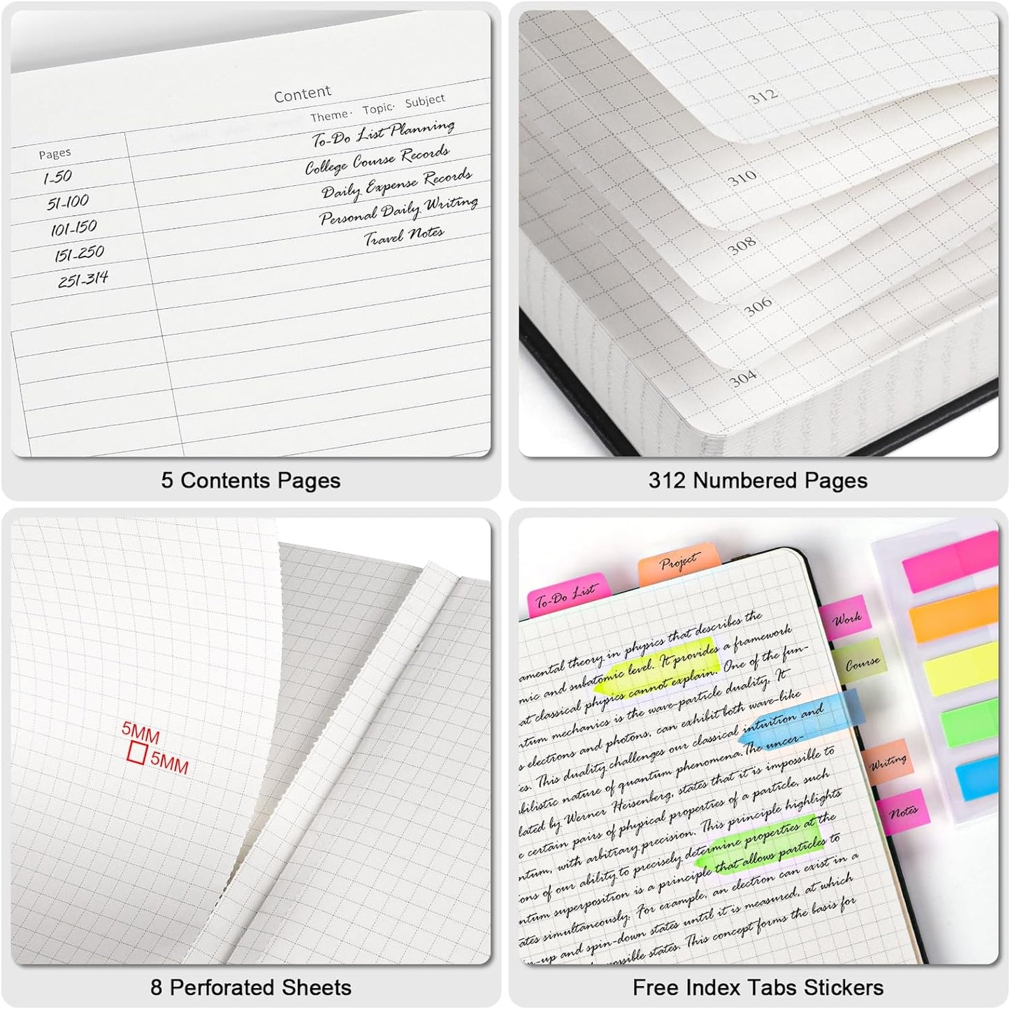 Graph Paper Notebook, 312 Numbered Pages B5 Hardcover Leather Journal, 100gsm No Bleed Grid Paper Notebook with Index Pages, Grid Notebook for Graphing Notes Math, 7.6'' X 10'', Green