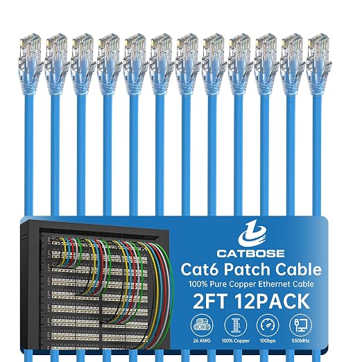 2 Feet Cat6 Patch Cables, Solid Pure Copper Patch Cord, Cat 6 Ethernet Cable by CatBose