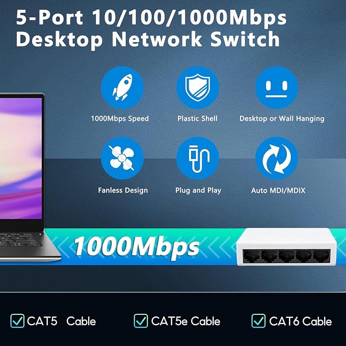 5 Port Gigabit Ethernet Switch 1000Mbps Network Hub USB 5-12V Powered Plug and - Image 5