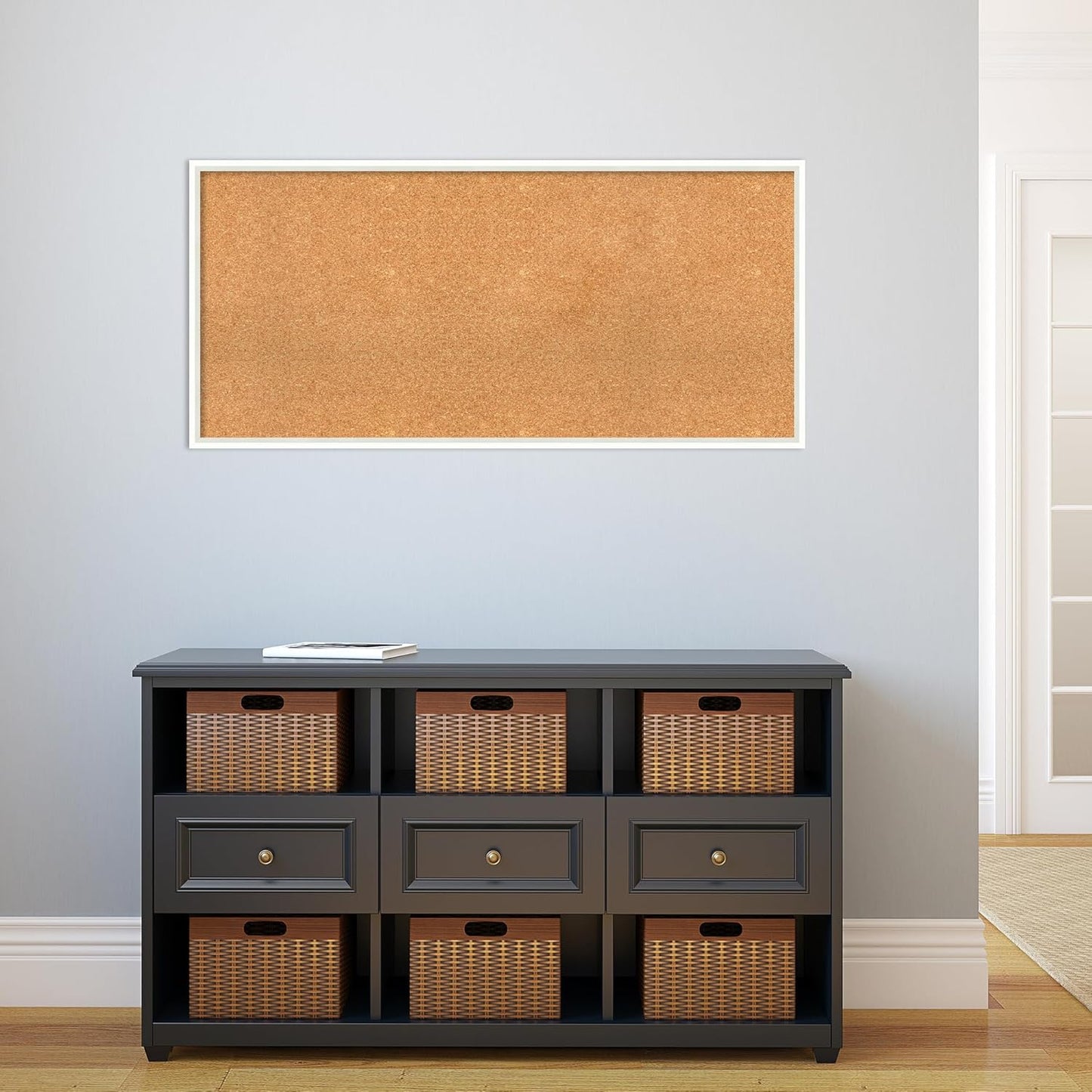 Amanti Art Natural Cork Board for Wall, 21x45 Vision Board with White Frame, Oversize Corkboard Office Decor for Home Organization, Modern Corkboard Pinboard to Display Items for Home Organization in